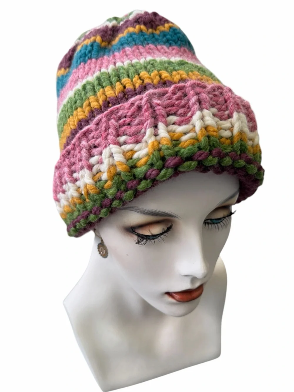 NEW Handknit Wool Blend Knit Winter Hat Beanie Wildflower Festival Adult OSFA